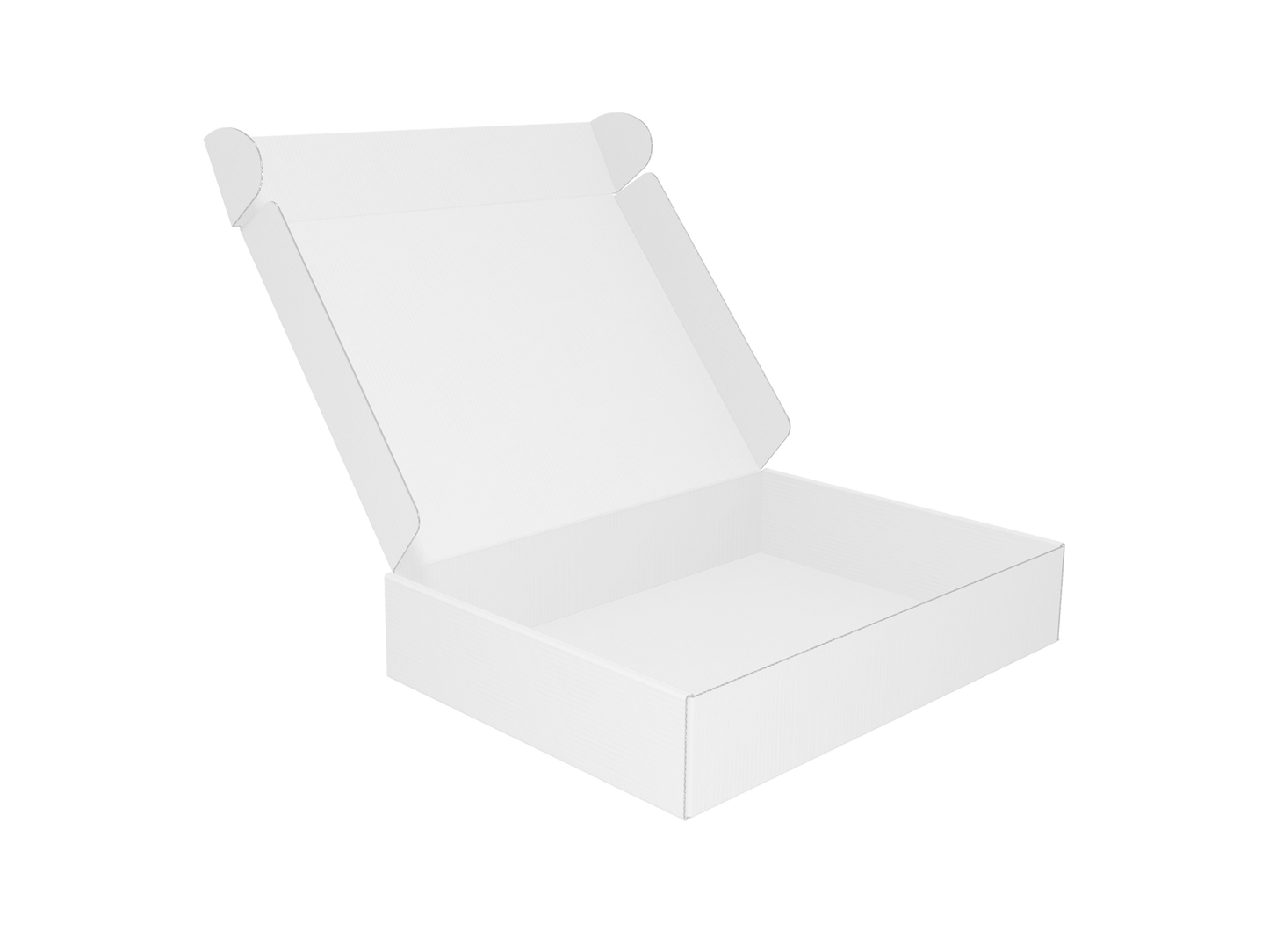 Caja automontable de cartón blanca con la tapa abierta