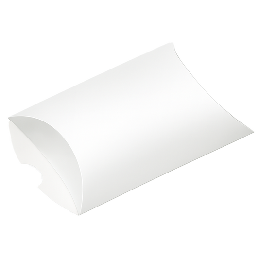 Caja tipo almohada de cartón blanca con la tapa ligeramente abierta