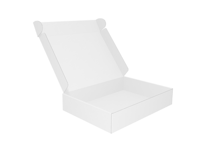 Caja automontable de cartón blanca con la tapa abierta