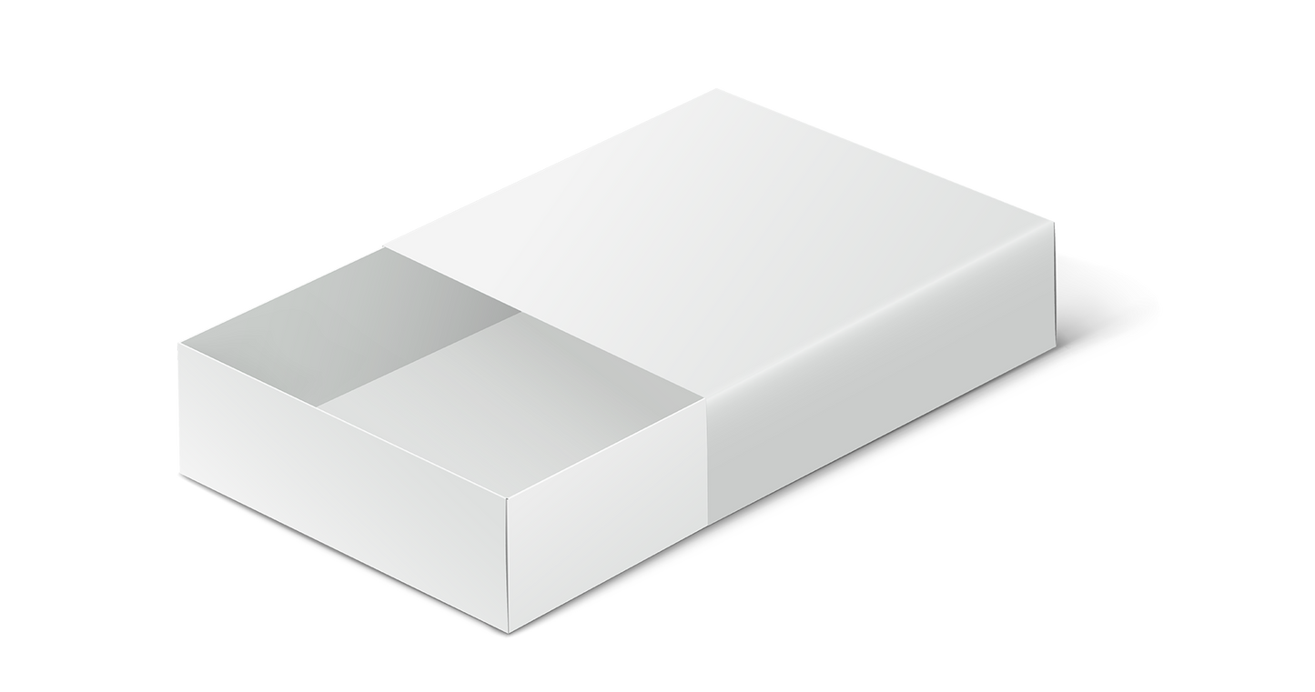 Caja tipo cerillas de cartón blanca con la tapa ligeramente abierta