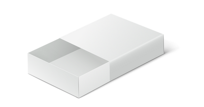 Caja tipo cerillas de cartón blanca con la tapa ligeramente abierta