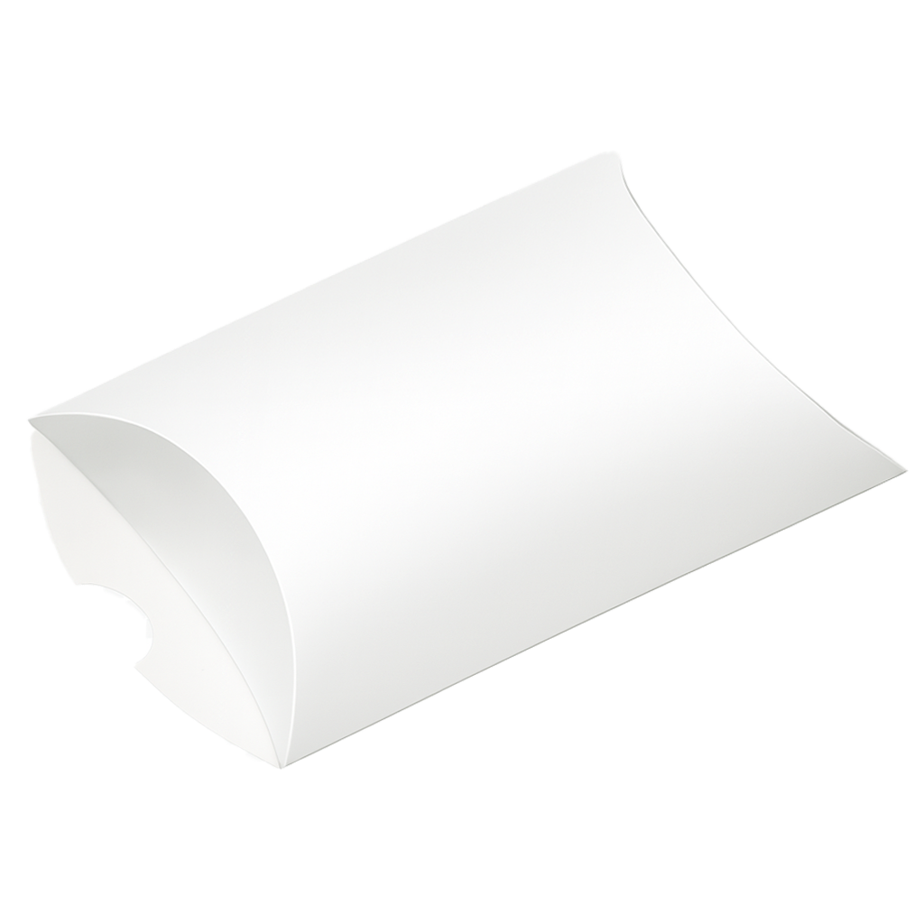 Caja tipo almohada de cartón blanca con la tapa ligeramente abierta